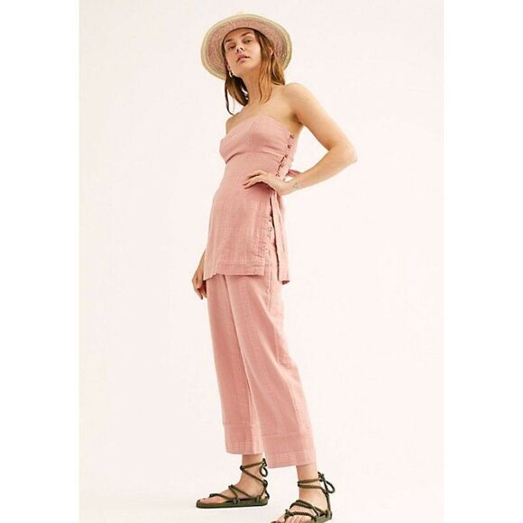 NEW FREE PEOPLE SZ S M ENDLESS SUMMER THIS IS LOVE TUBE TOP CROP PANTS SET PINK - Picture 1 of 3